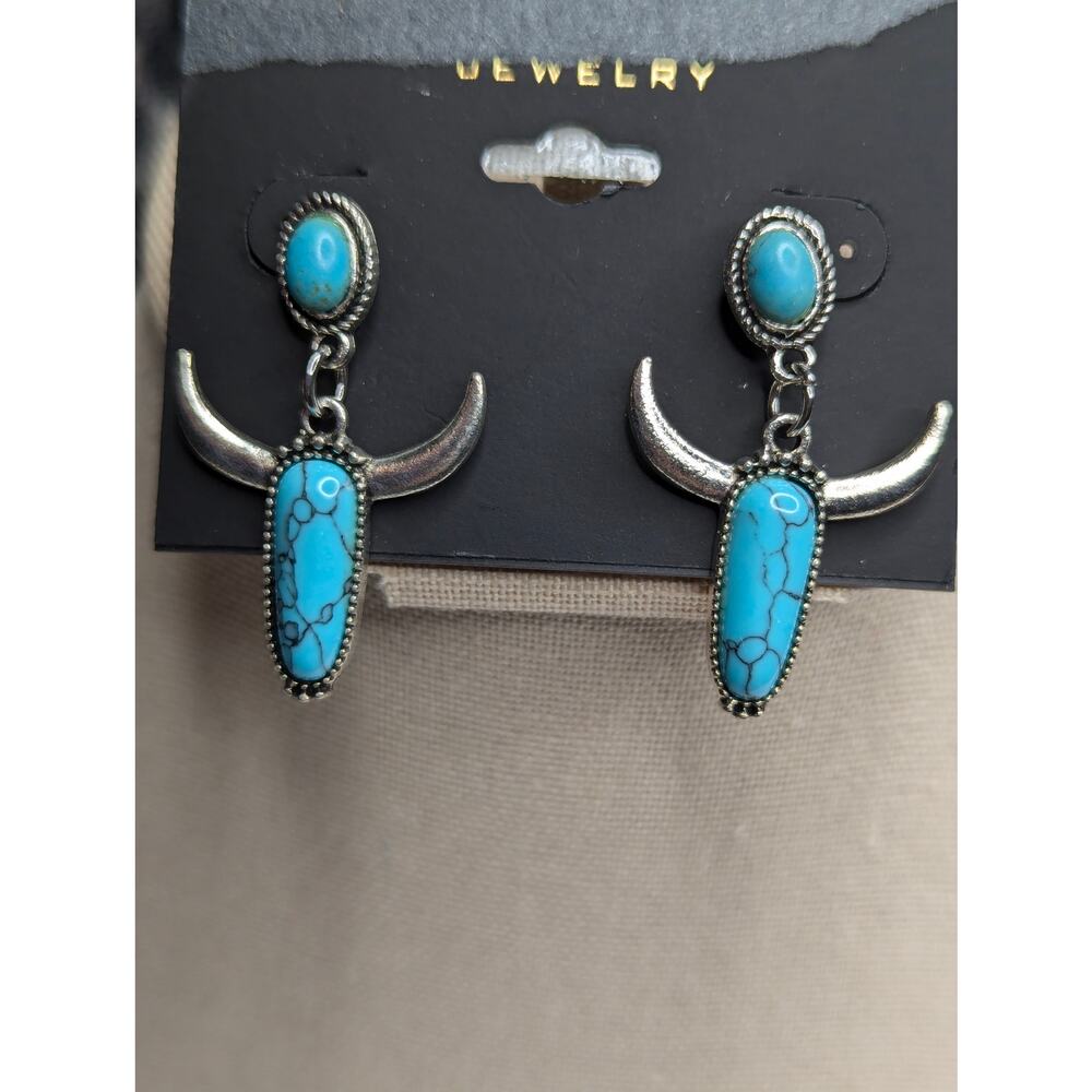 Turquoise Western Bull Head Earrings Silver Tone Cow Skull Dangle Statement Boho - Picture 7 of 8